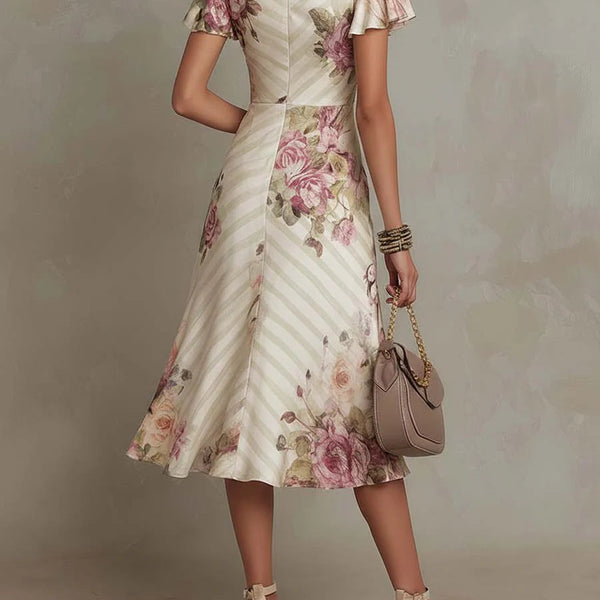 ESSENTIAL - Alba | Elegant Retro Floral Satin Midi Dress ✨