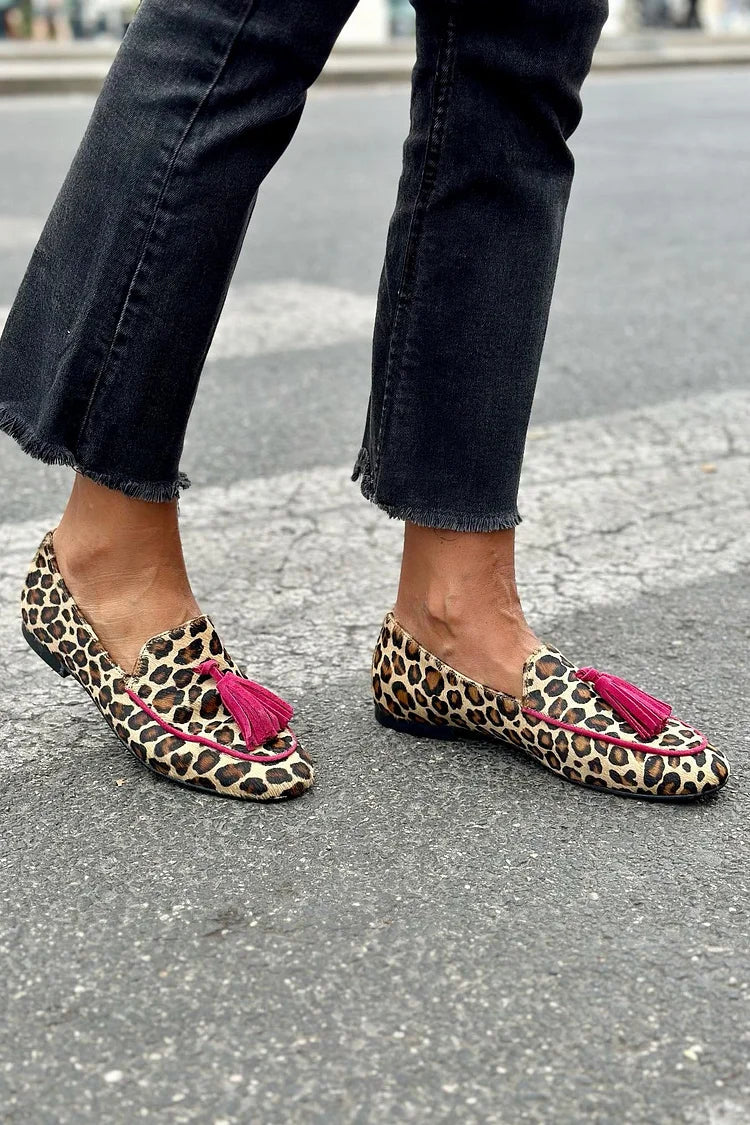 Edith | Mocassin à Imprimé Animal avec Franges Fuchsia
