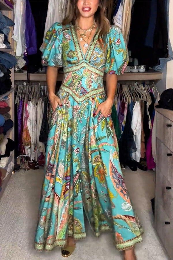Amelia Quinn | Robe Maxi Aérée avec Manches Bouffantes et Décolleté en V
