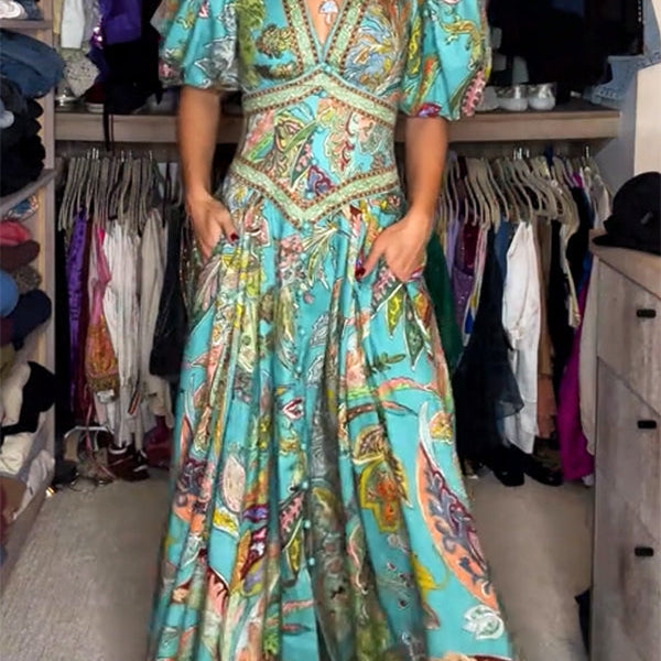 Amelia Quinn | Robe Maxi Aérée avec Manches Bouffantes et Décolleté en V
