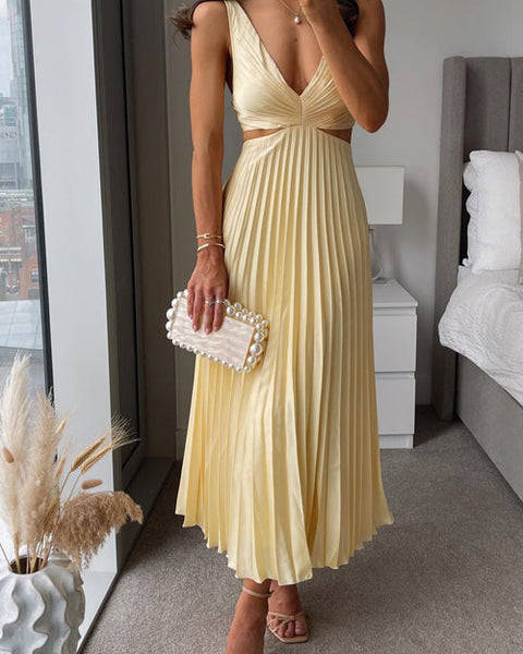 EVA™ | Robe Maxi Plissée Sans Manches avec Taille Découpée