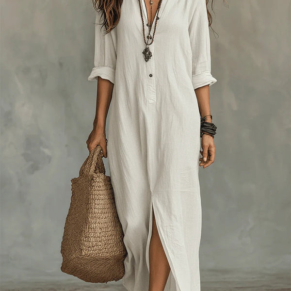 Soline | Relaxed V-Neck Button Maxi Dress