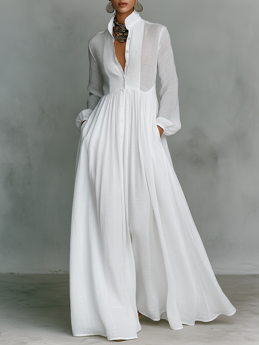 ESSENTIAL - Maxi Minimalist Dress in Cotton & Linen with Patchwork, High Collar and Long Sleeves