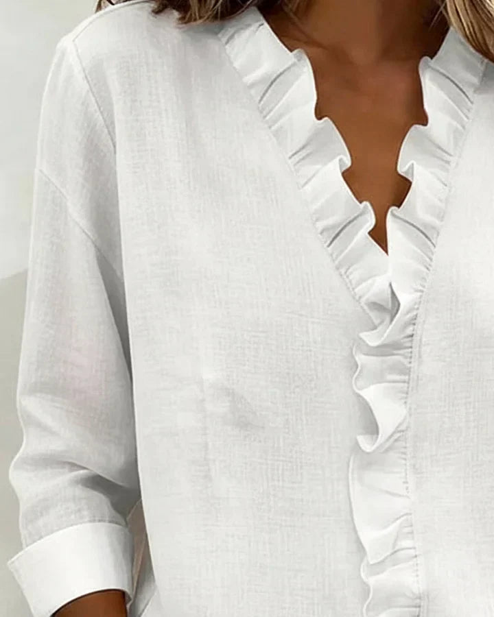 Indie | Blouse avec Volants, Col en V et Manches Longues