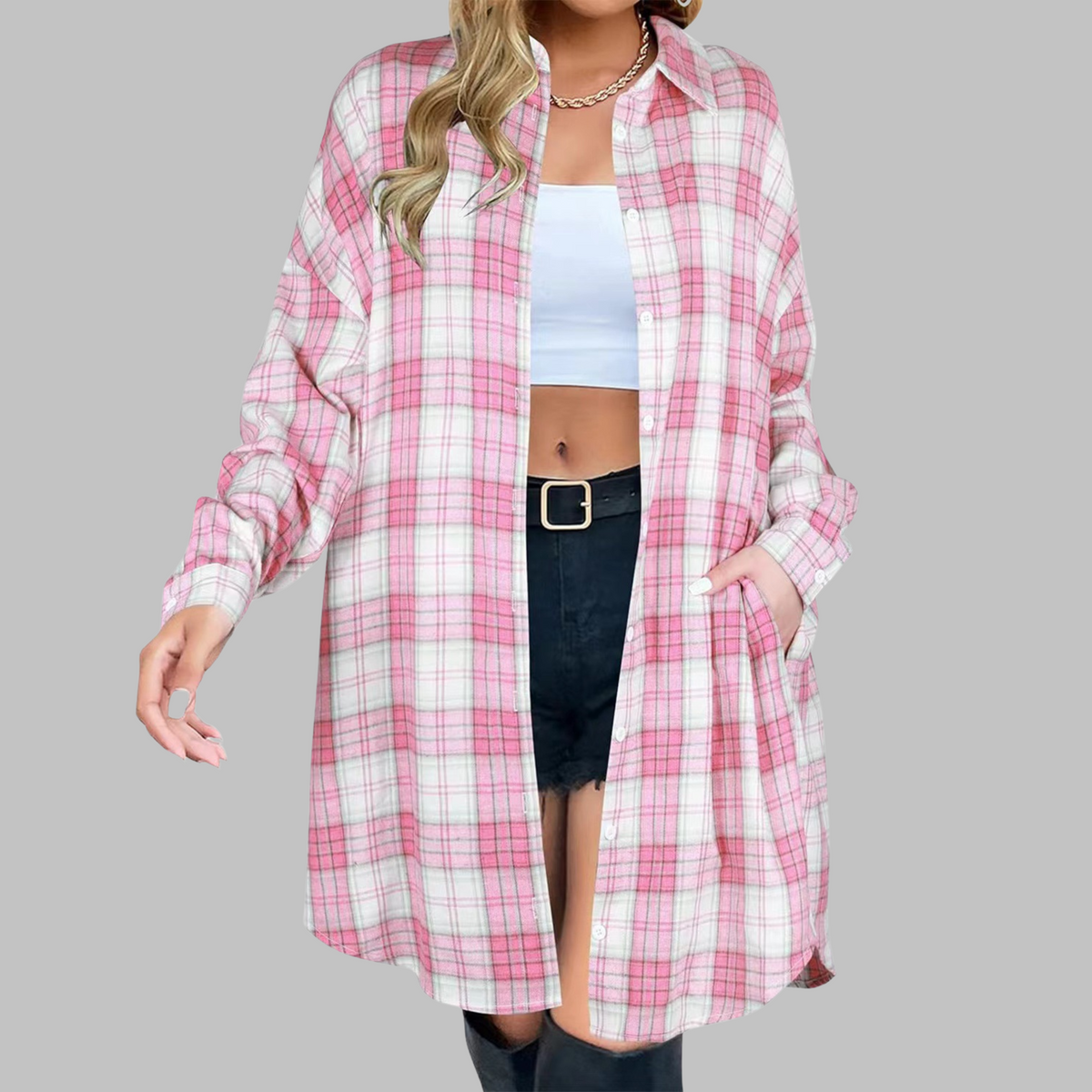 PALOMA™ - Veste à Carreaux Chic à Manches Longues Boutonnée