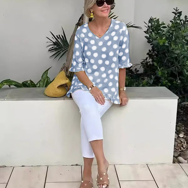 Denise | Relaxed V-Neck Polka Dot Blouse