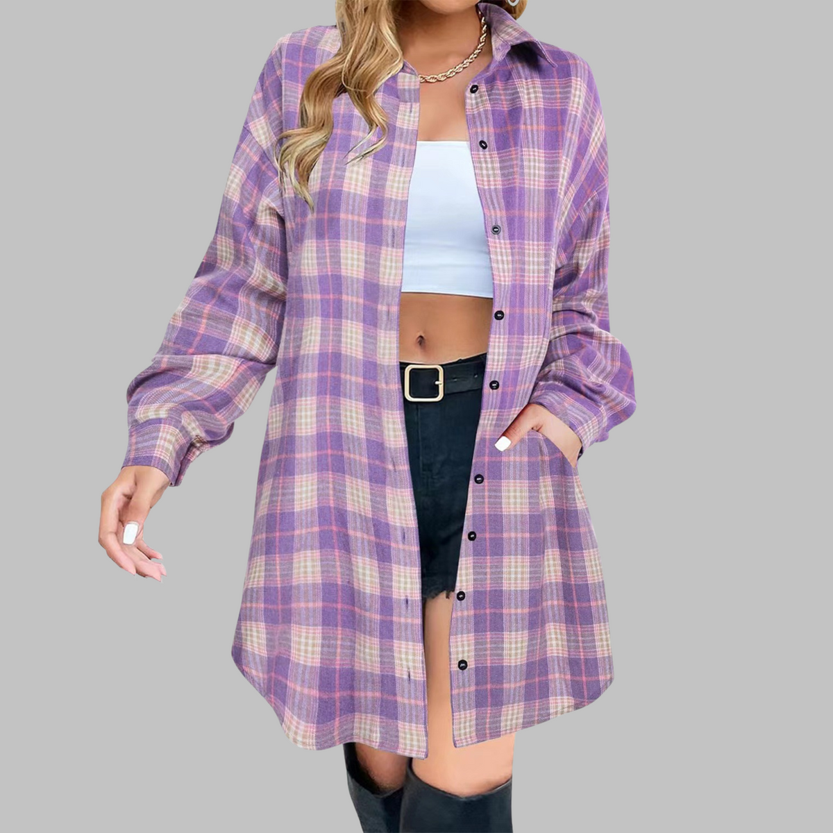 PALOMA™ - Veste à Carreaux Chic à Manches Longues Boutonnée