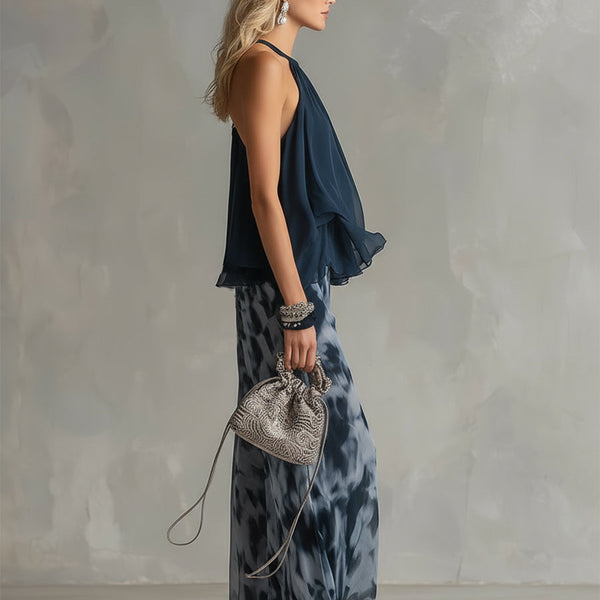 ESSENTIAL - Ludovica – Elegant chiffon set with high-neck top and wide-leg printed trousers