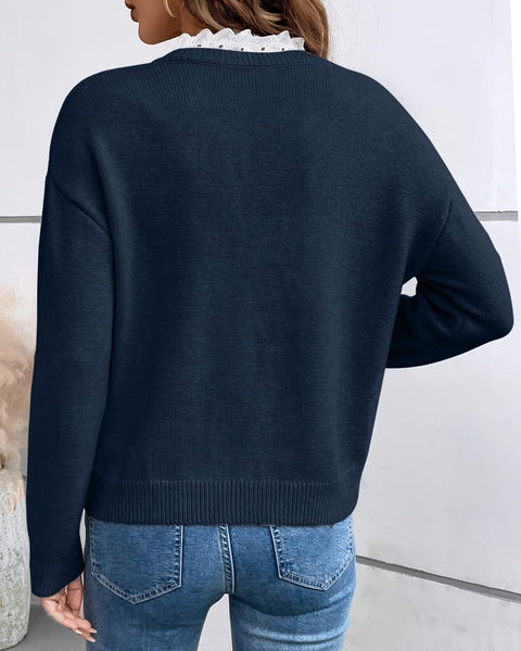 Evadine | V-Neck Lace Trim Knit – Timeless Elegance, Everyday Comfort