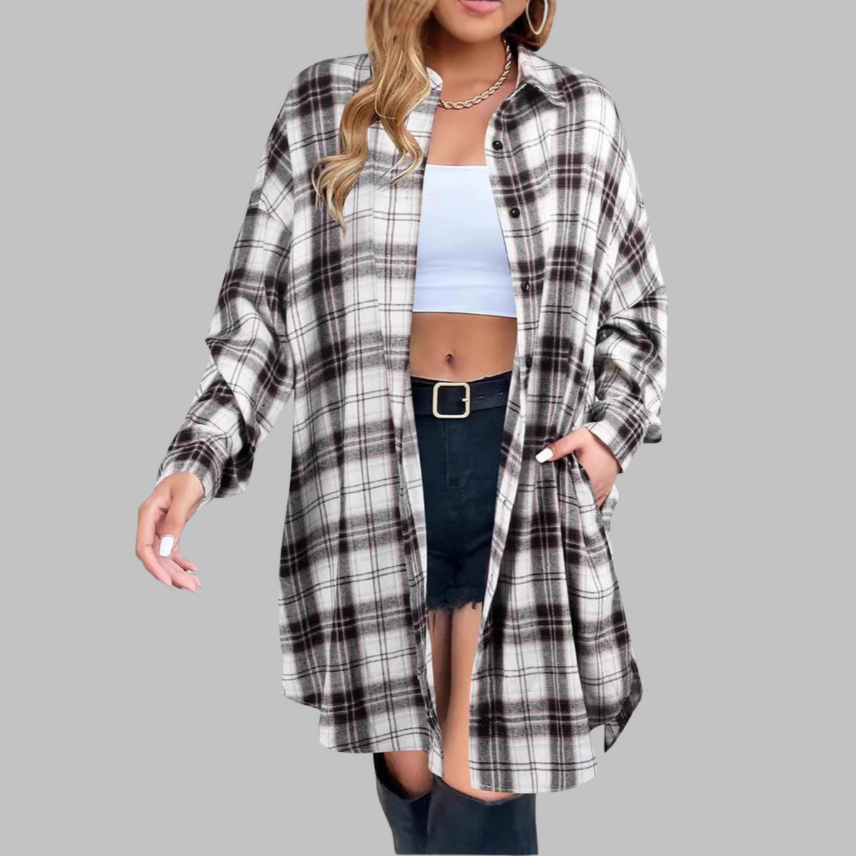 PALOMA™ - Veste à Carreaux Chic à Manches Longues Boutonnée