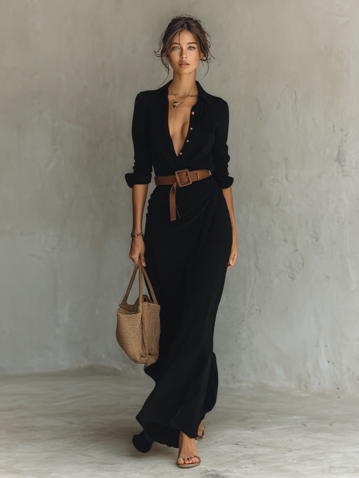 ESSENTIAL - Maxi Long Dress with Lapel Collar and Long Sleeves for Women
