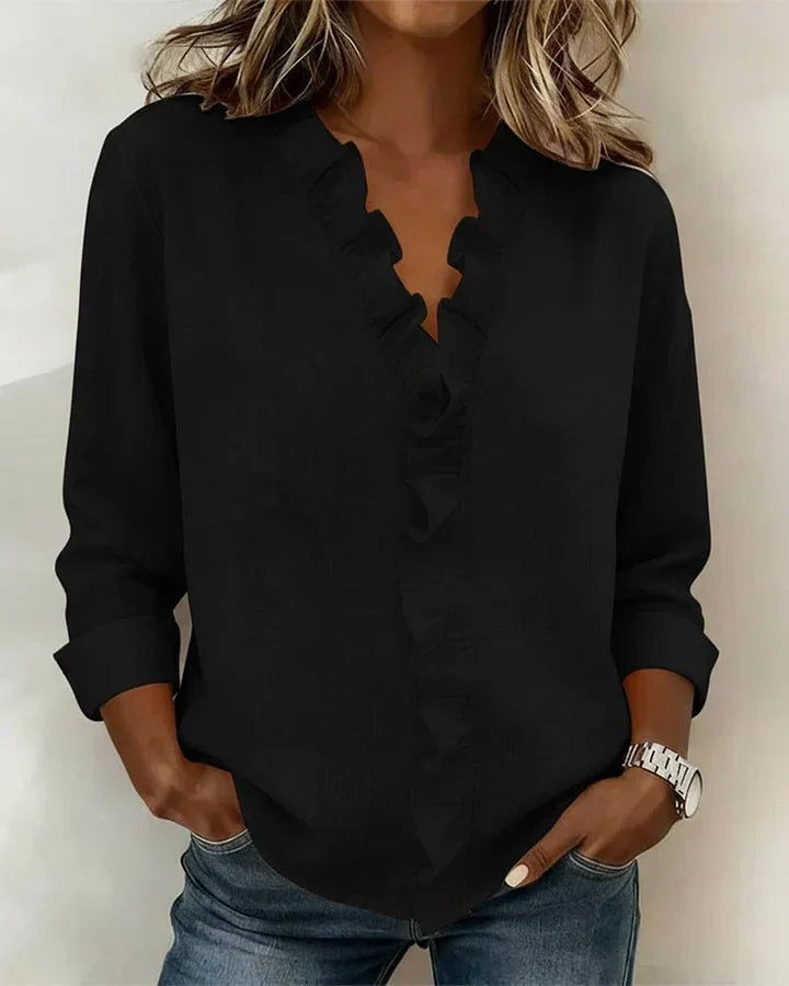 Indie | Blouse avec Volants, Col en V et Manches Longues