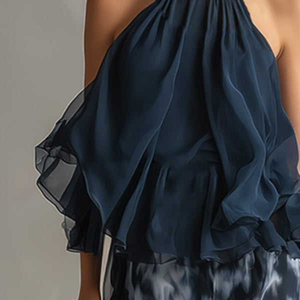 ESSENTIAL - Ludovica – Elegant chiffon set with high-neck top and wide-leg printed trousers