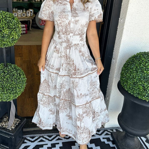 Marcelline| Timeless Toile Maxi – Elegant Flattering Comfort with Effortless Flow