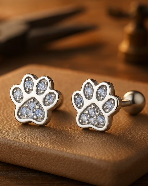 Silver Paw Print Stud Earrings – Crystal Accent