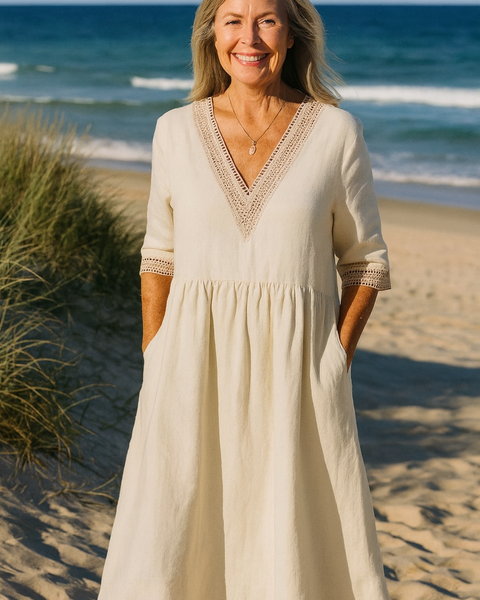 Elayna | Soft-Linen Lace Midi Dress – Effortless Beauty, Everyday Ease