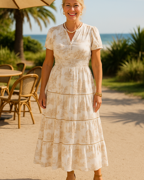 Marcelline| Timeless Toile Maxi – Elegant Flattering Comfort with Effortless Flow