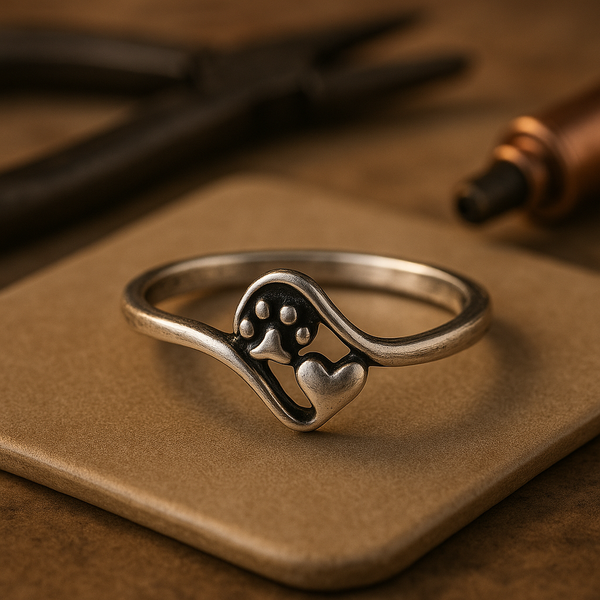 Vintage Silver Paw and Heart Ring
