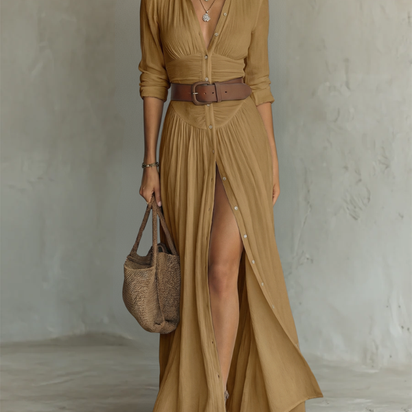ESSENTIAL - Long Maxi Linen Dress with Notched Collar and Long Sleeves for Women