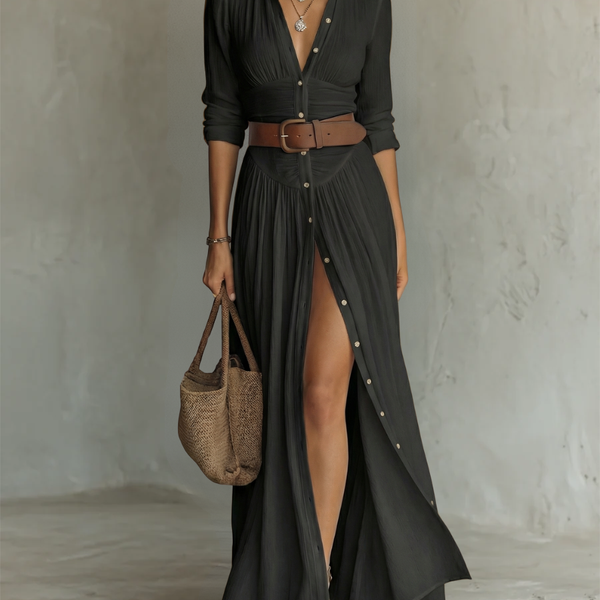 ESSENTIAL - Long Maxi Linen Dress with Notched Collar and Long Sleeves for Women