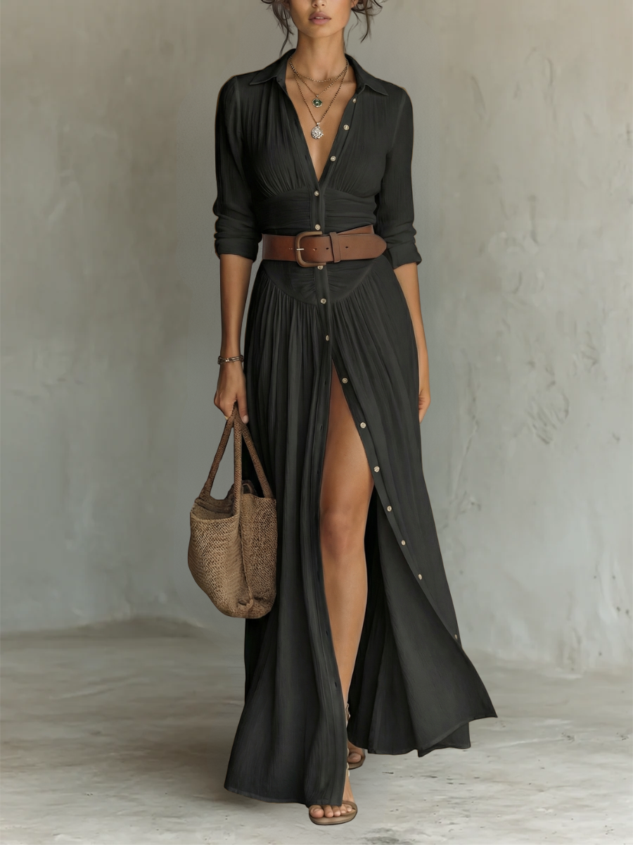 ESSENTIAL - Long Maxi Linen Dress with Notched Collar and Long Sleeves for Women