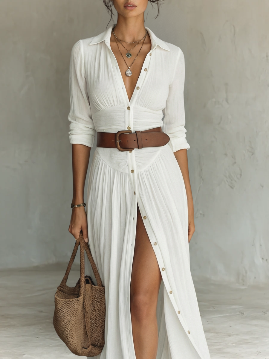 ESSENTIAL - Long Maxi Linen Dress with Notched Collar and Long Sleeves for Women