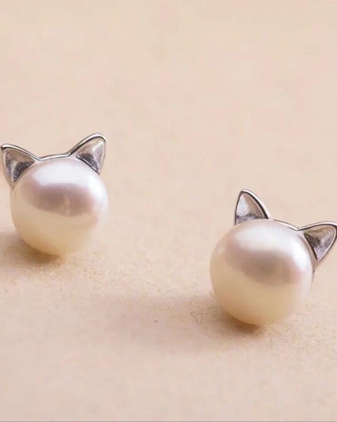 Sterling Silver Cat Pearl Stud Earrings