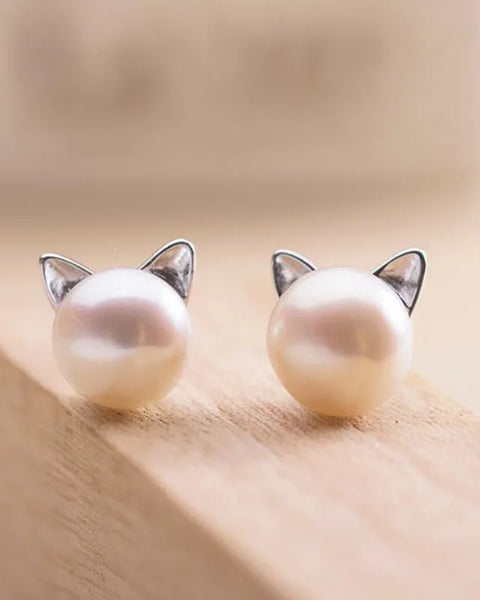Sterling Silver Cat Pearl Stud Earrings
