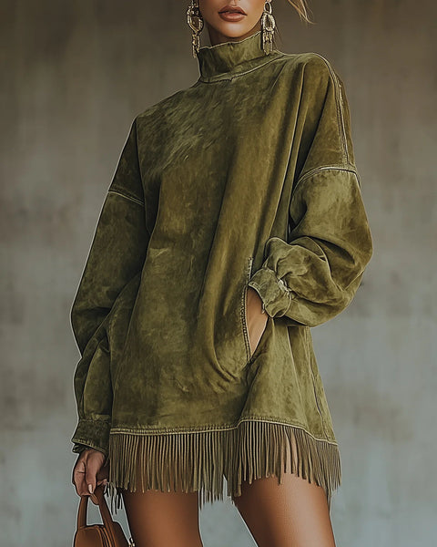 Amalia | High-Neck Suede Fringe Dress