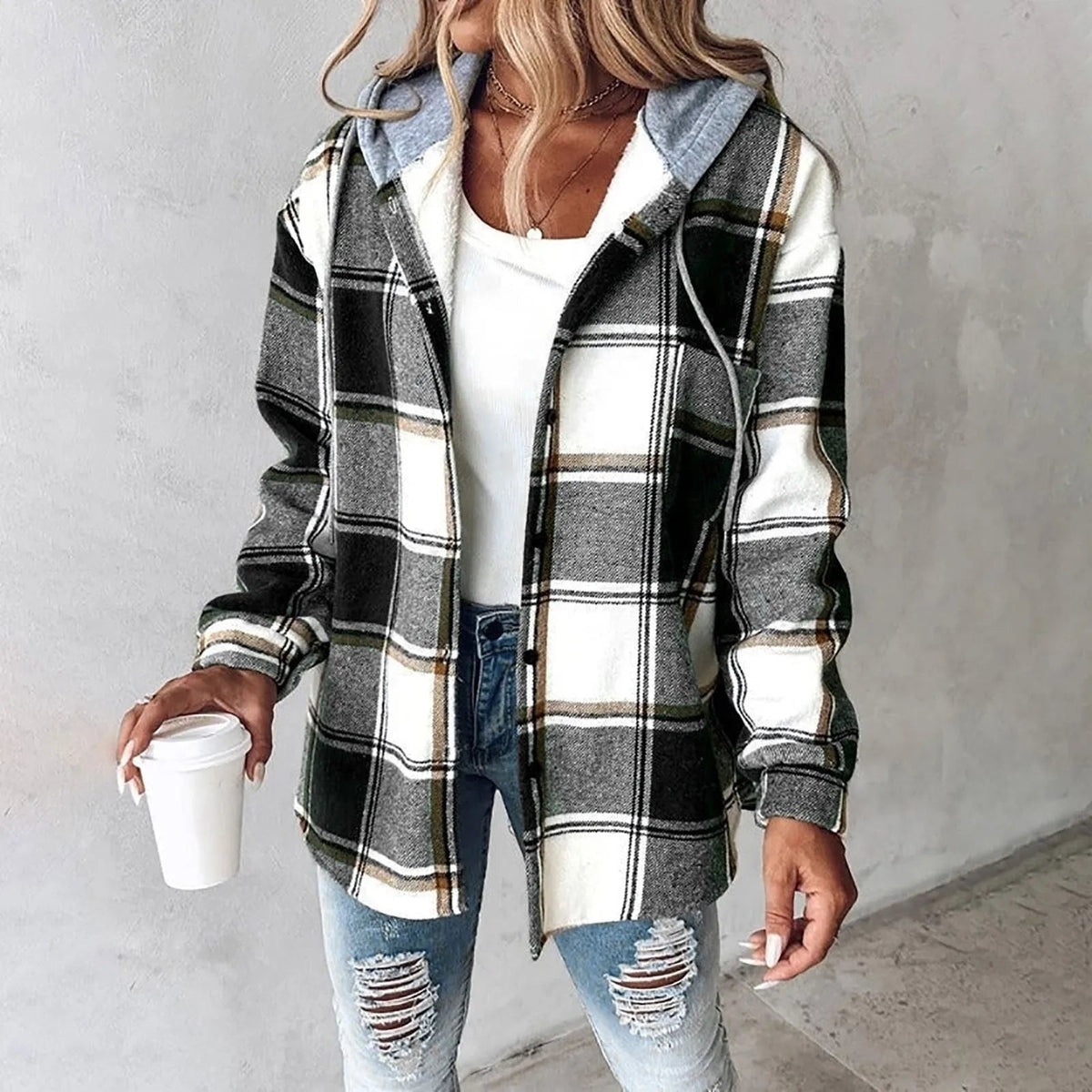 PAIGE™ - Veste à Capuche à Carreaux Chic à Manches Longues avec Boutons