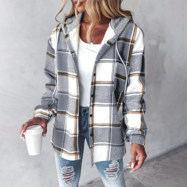 PAIGE™ - Veste à Capuche à Carreaux Chic à Manches Longues avec Boutons