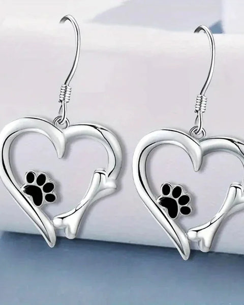 Silver Drop Earrings with Heart & Paw Design
