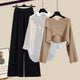  Ensemble de trois pièces : pull couleur café + chemise blanche + pantalon large noir