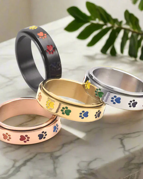 Spinning Stress Reducing Paw Ring – Stainless Steel with Rainbow Paws