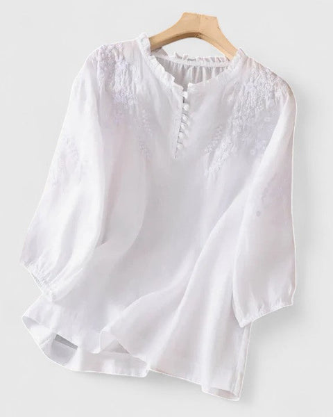 Solenne | Embroidered Comfort Blouse - Cotton-Linen