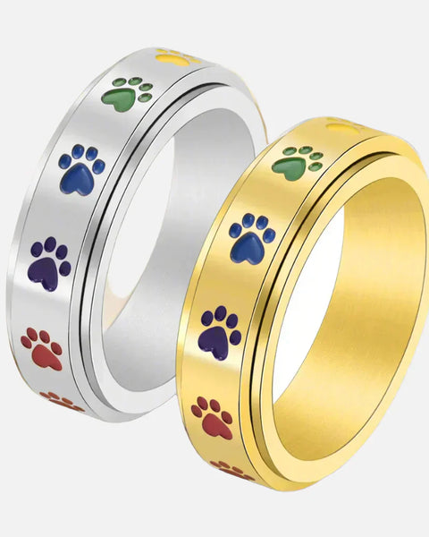 Spinning Stress Reducing Paw Ring – Stainless Steel with Rainbow Paws