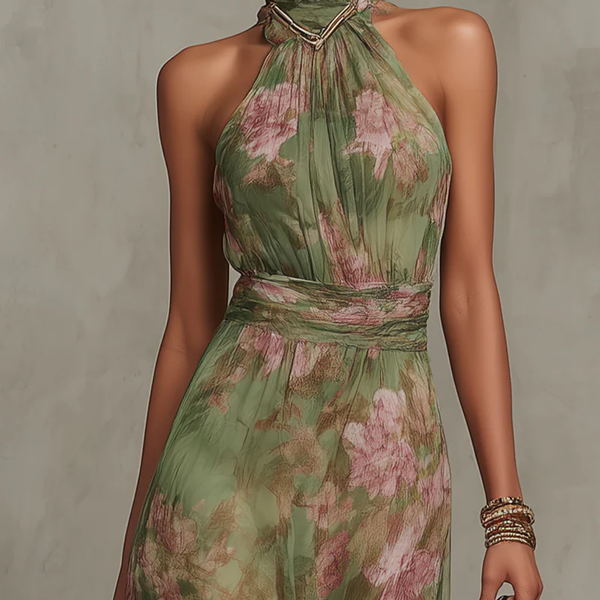 ESSENTIAL - Serena ∙ Green Floral Chiffon Maxi Dress with Halter Neckline