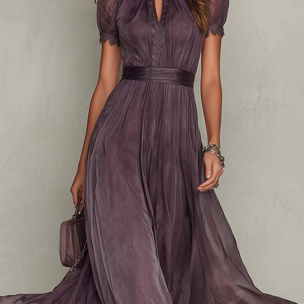 ESSENTIAL - Flavia • Long Purple Dress with Keyhole Neckline & Chiffon Lace Trim