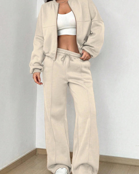 Veste Cardigan sans Col à Zip et Pantalon