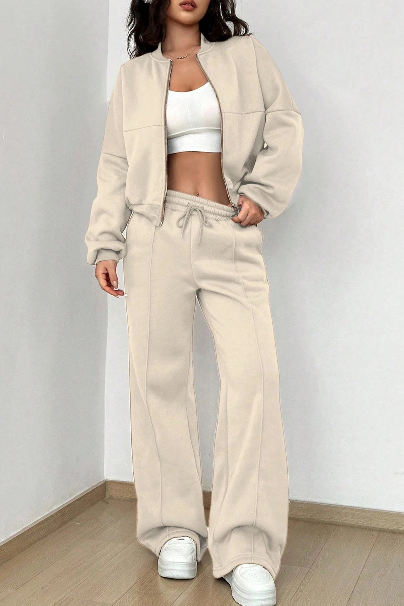 Veste Cardigan sans Col à Zip et Pantalon