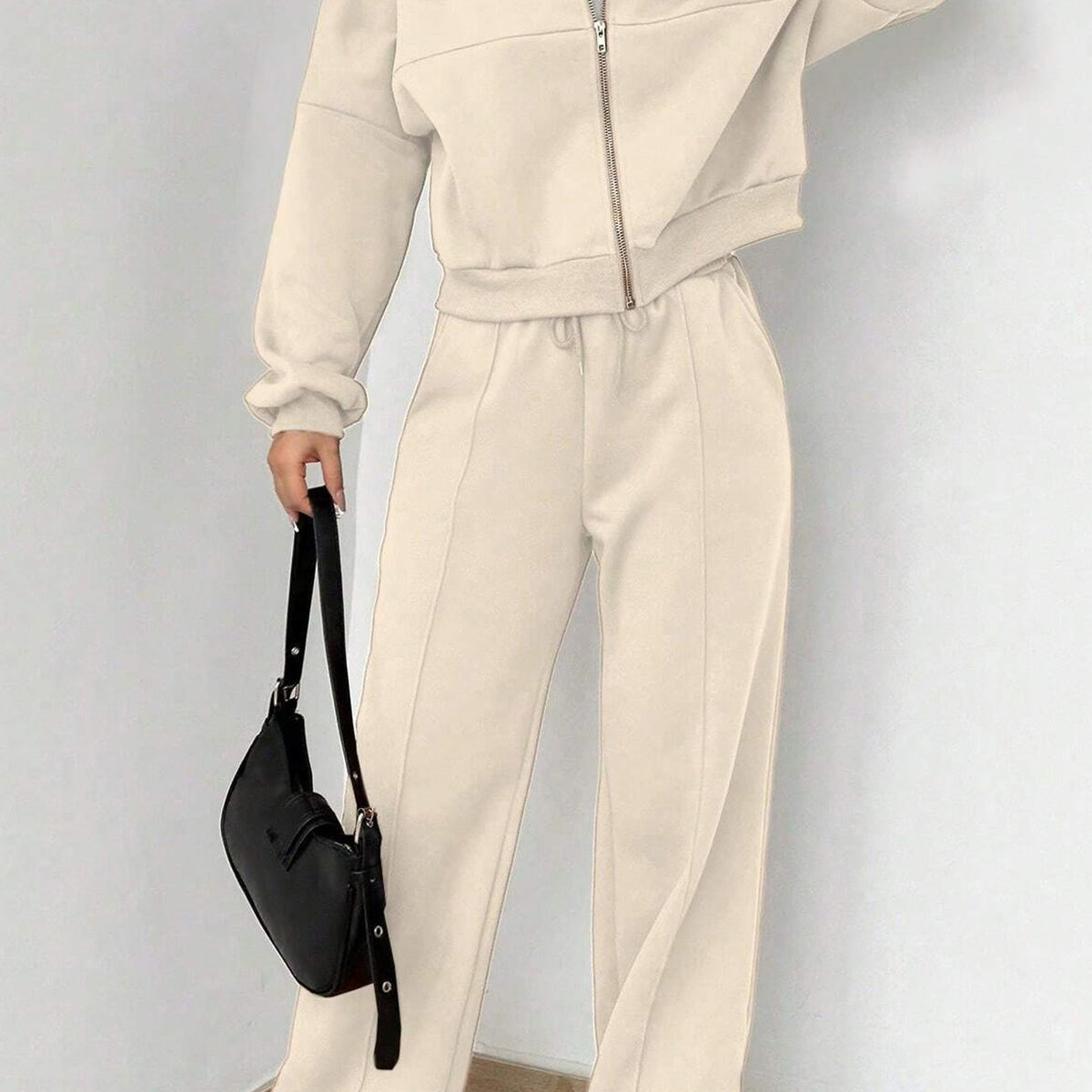 Veste Cardigan sans Col à Zip et Pantalon
