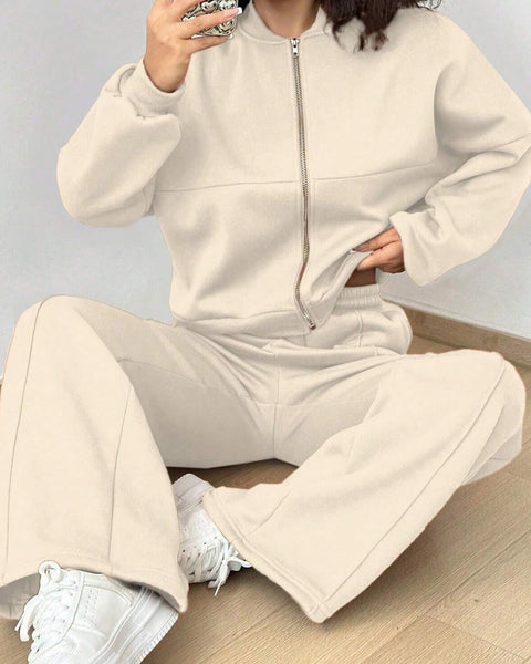 Veste Cardigan sans Col à Zip et Pantalon