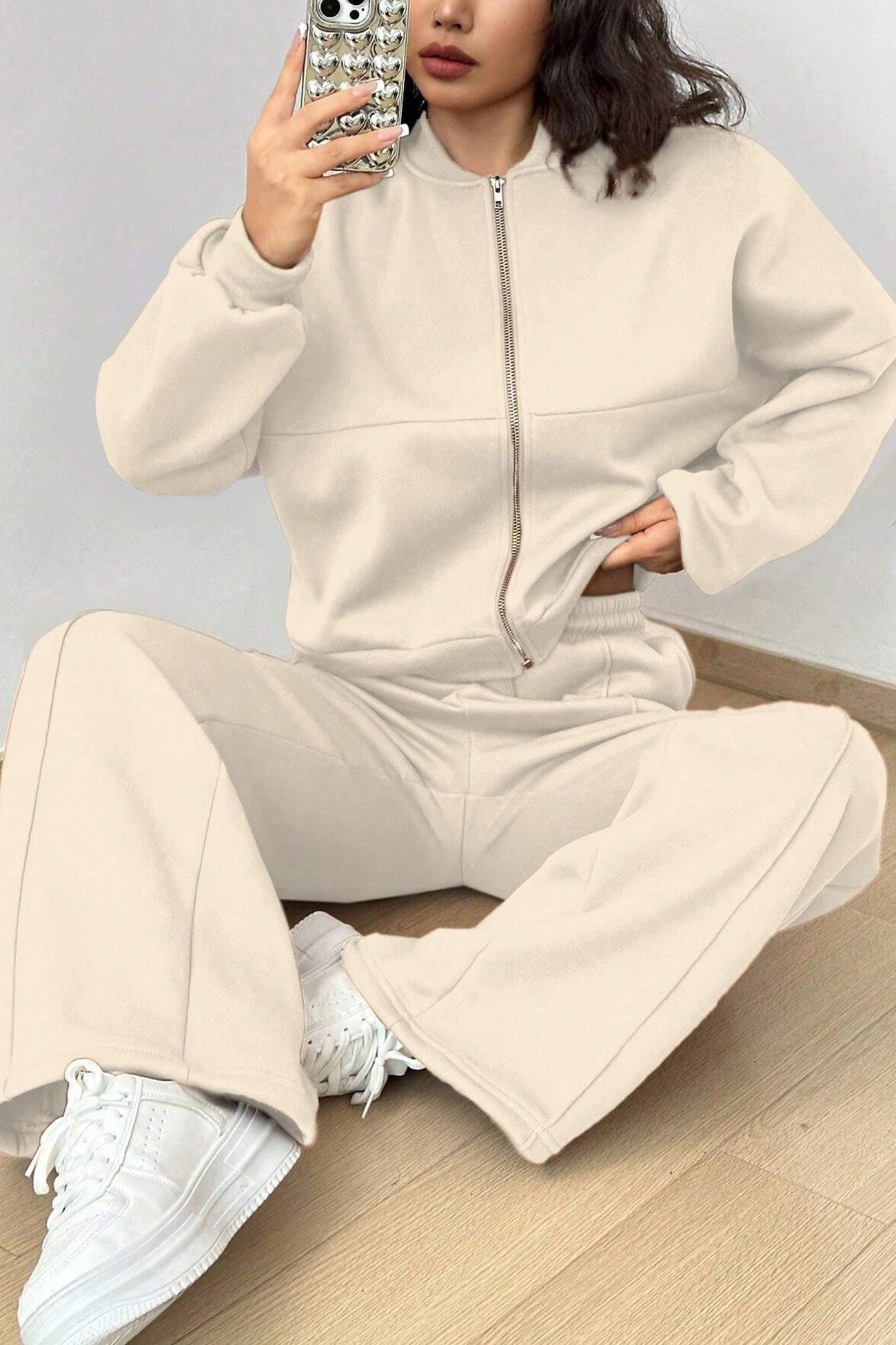 Veste Cardigan sans Col à Zip et Pantalon