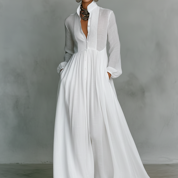ESSENTIAL - Maxi Minimalist Dress in Cotton & Linen with Patchwork, High Collar and Long Sleeves
