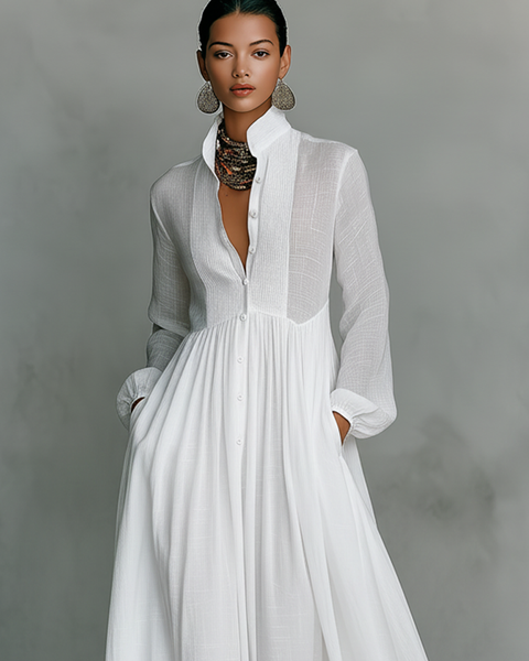 ESSENTIAL - Maxi Minimalist Dress in Cotton & Linen with Patchwork, High Collar and Long Sleeves
