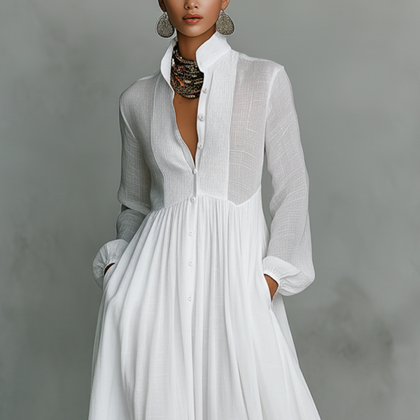 ESSENTIAL - Maxi Minimalist Dress in Cotton & Linen with Patchwork, High Collar and Long Sleeves