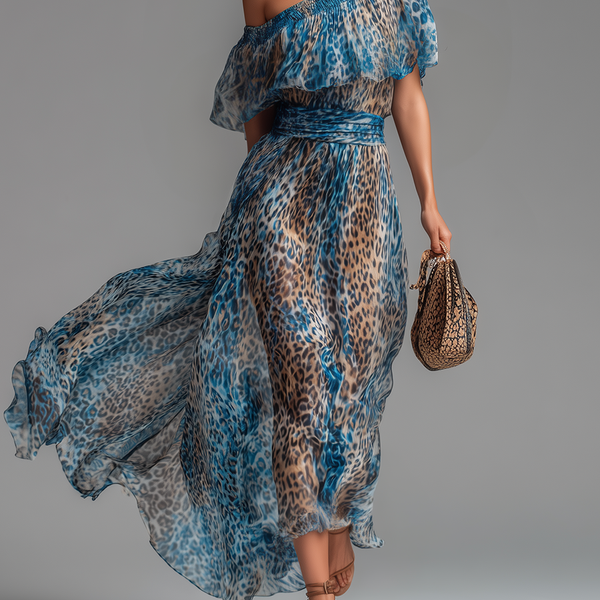 🔥 Selvaggia – Leopard Print Off-Shoulder Chiffon Maxi Dress