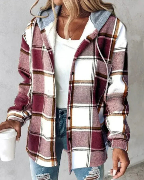 PAIGE™ - Veste à Capuche à Carreaux Chic à Manches Longues avec Boutons