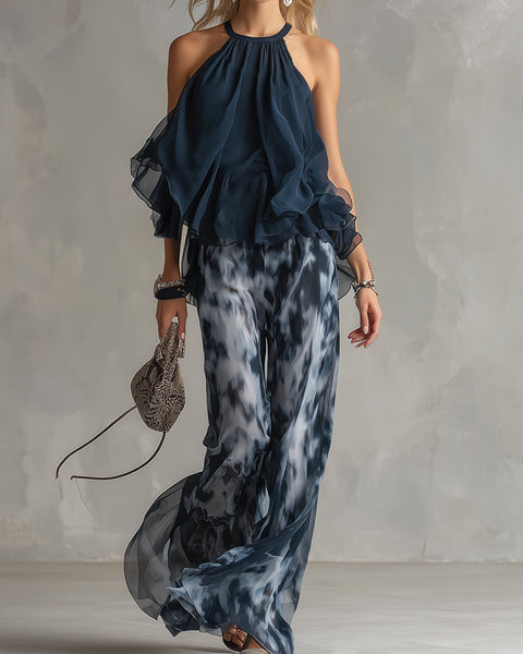 ESSENTIAL - Ludovica – Elegant chiffon set with high-neck top and wide-leg printed trousers