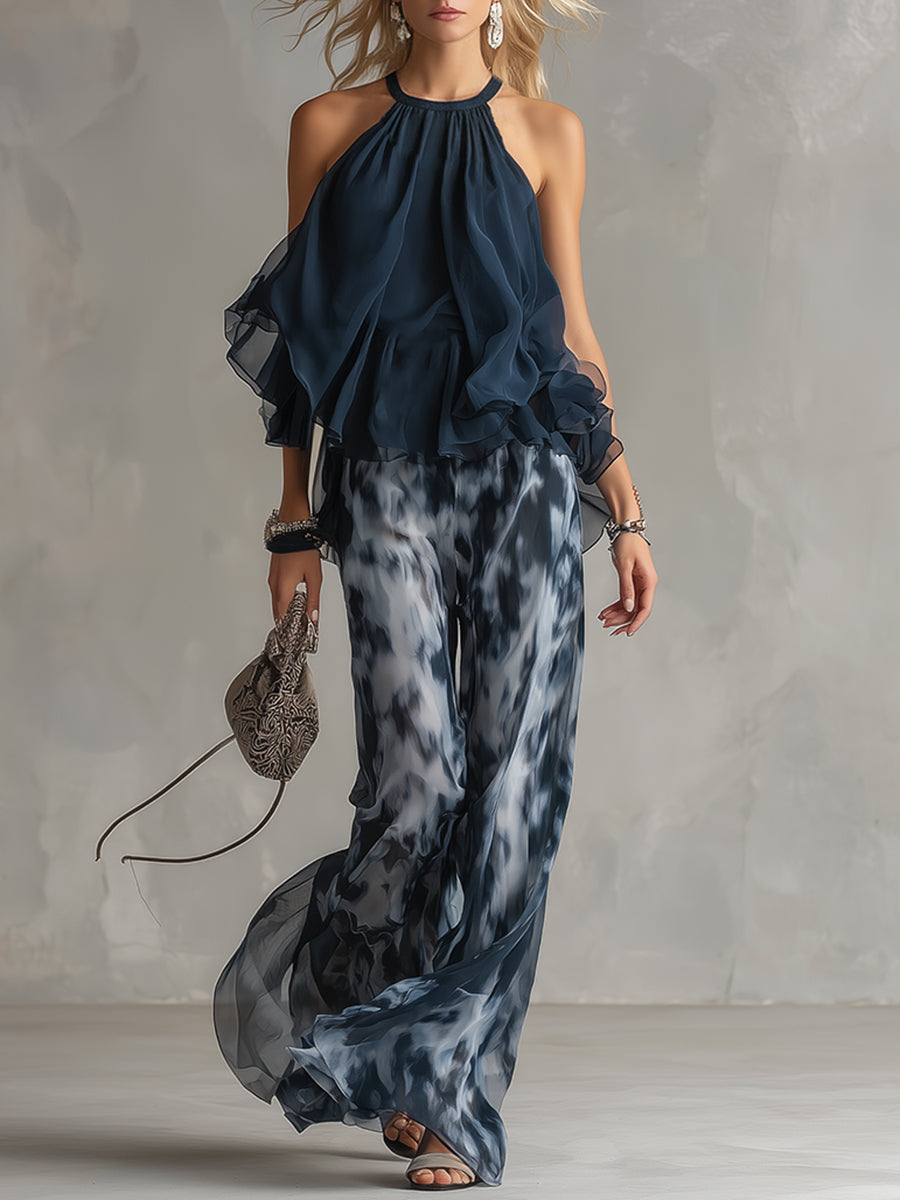 ESSENTIAL - Ludovica – Elegant chiffon set with high-neck top and wide-leg printed trousers